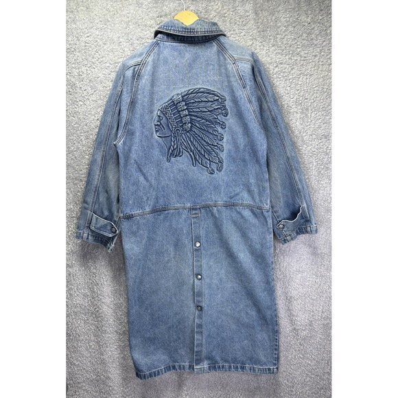 Vtg Long Denim Coat Jacket Native American Indian Chief Emboss Made in USA Small